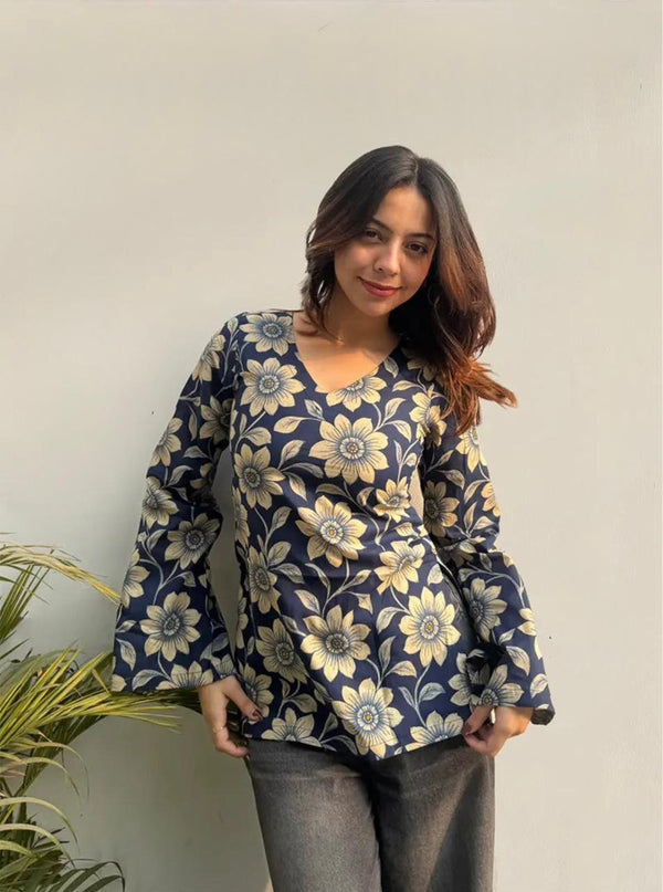 Women's Navy Cream Floral Print V-Neck Short Kurti
