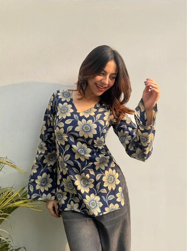 Women's Navy Cream Floral Print V-Neck Short Kurti