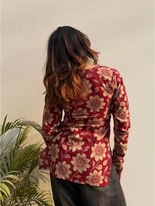 Women's Red Cream Floral Print Square-Neck Short Kurti