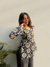 Women's Navy Cream Floral Print V-Neck Short Kurti