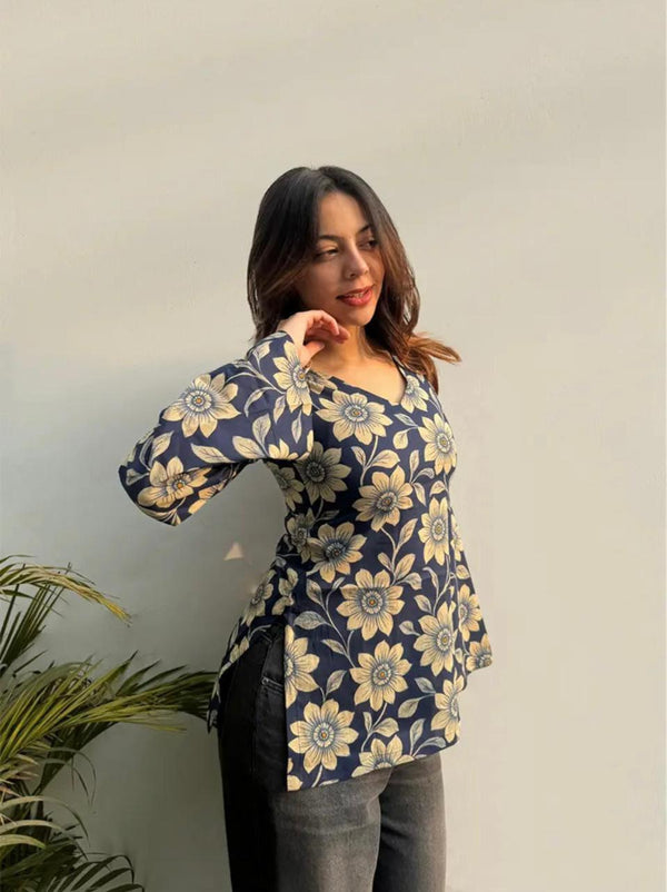 Women's Navy Cream Floral Print V-Neck Short Kurti