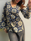 Women's Navy Cream Floral Print V-Neck Short Kurti
