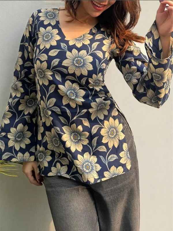 Women's Navy Cream Floral Print V-Neck Short Kurti