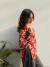Women's Red Cream Floral Print Square-Neck Short Kurti