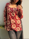 Women's Red Cream Floral Print Square-Neck Short Kurti