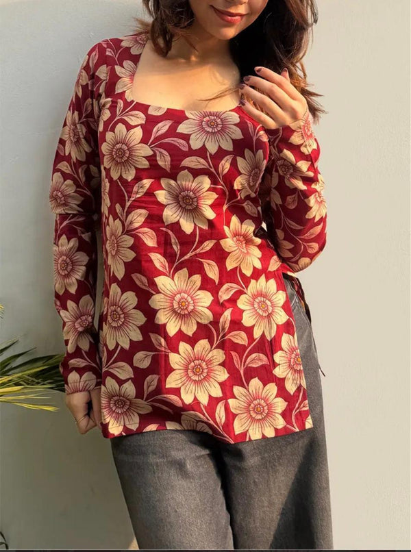 Women's Red Cream Floral Print Square-Neck Short Kurti