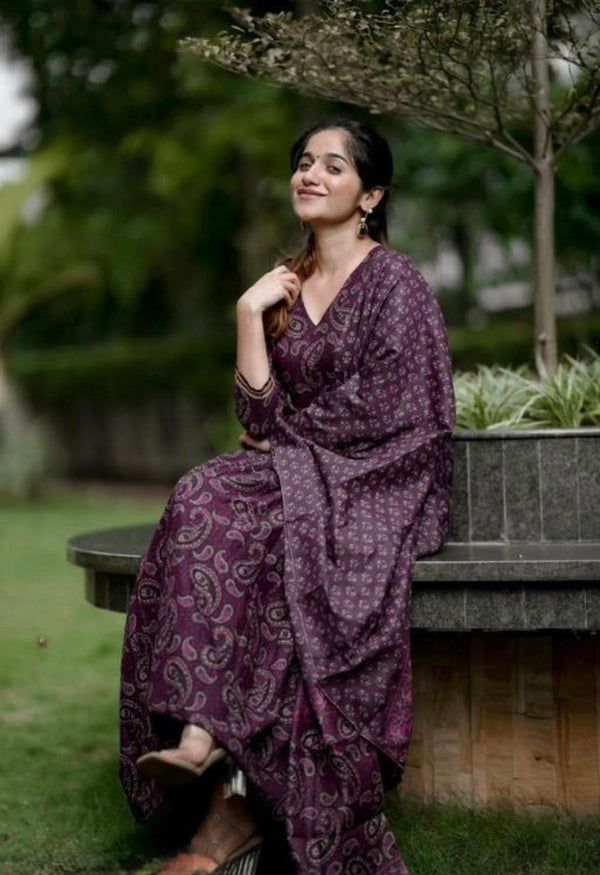 Women's Purple Paisley Print Anarkali Suit Set with Dupatta