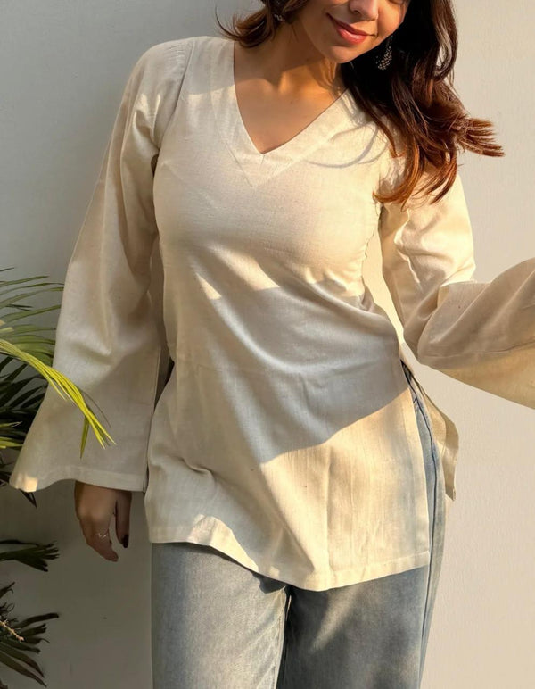 Women's Ivory Solid V-Neck Short Kurti