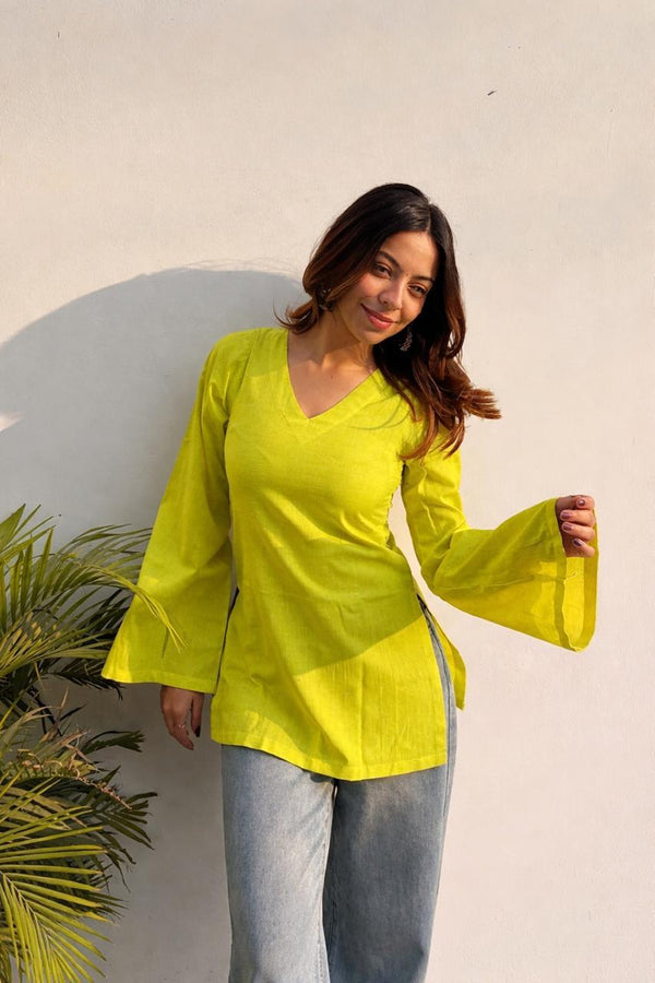 Women's Lime Green Solid V-Neck Short Kurti