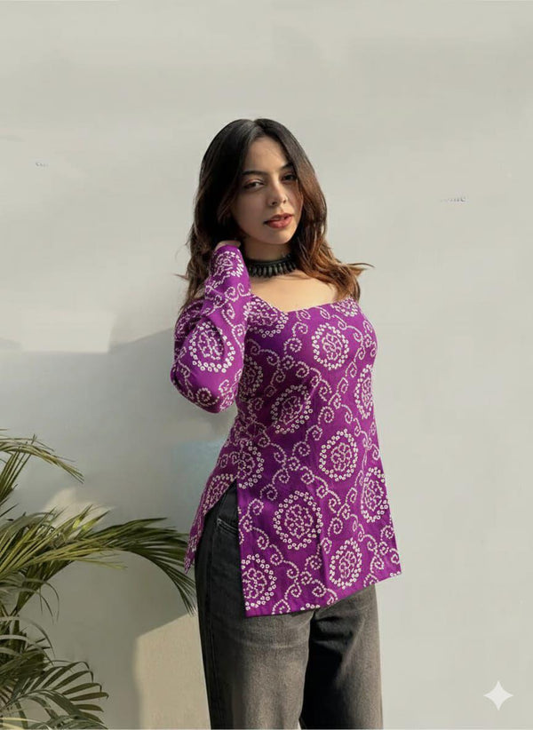 Women's Purple Ornamental Print Square-Neck Short Kurti