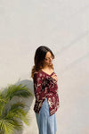 Women's Maroon Abstract Botanical Print Square-Neck Short Kurti