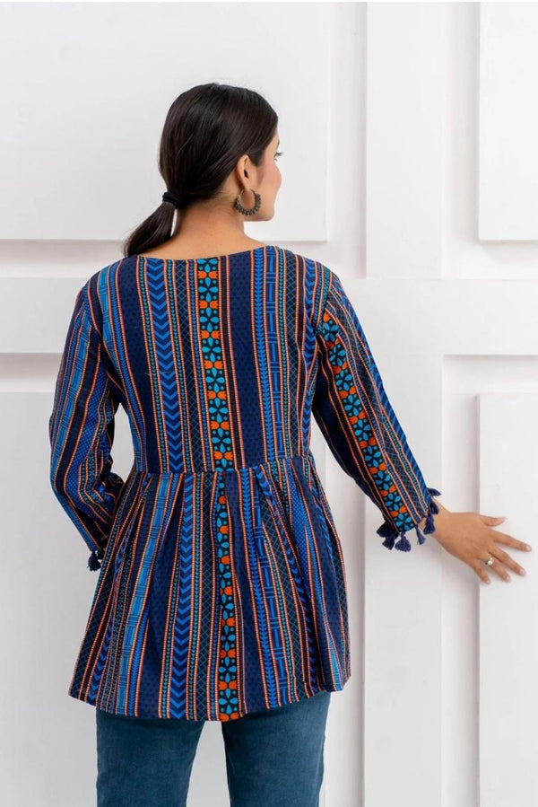 Women's Navy Multicolour Stripe Print Peplum Top with Tassels