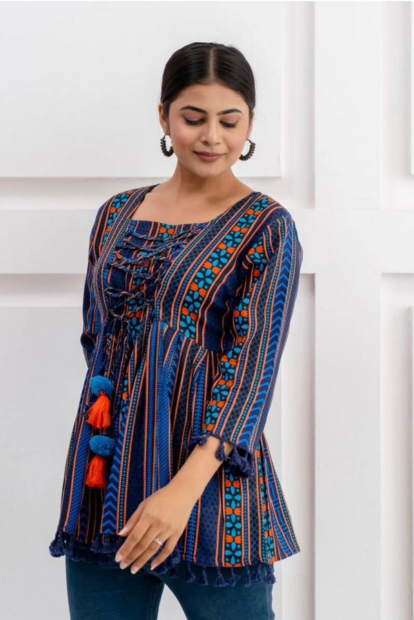 Women's Navy Multicolour Stripe Print Peplum Top with Tassels
