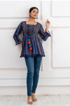Women's Navy Multicolour Stripe Print Peplum Top with Tassels