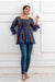 Women's Navy Multicolour Stripe Print Peplum Top with Tassels