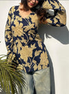 Women's Navy Beige Botanical Print Square-Neck Short Kurti