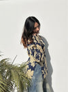 Women's Navy Beige Botanical Print Square-Neck Short Kurti