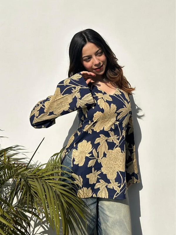 Women's Navy Beige Botanical Print Square-Neck Short Kurti