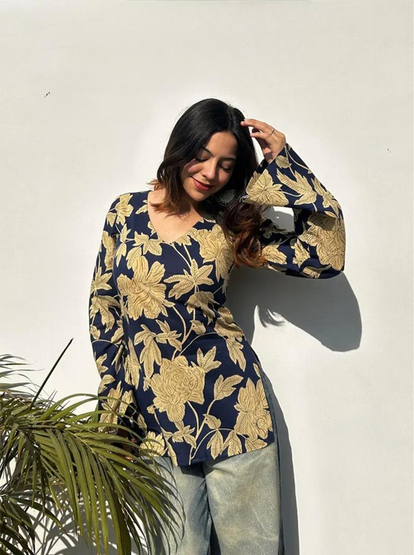Women's Navy Beige Botanical Print Square-Neck Short Kurti