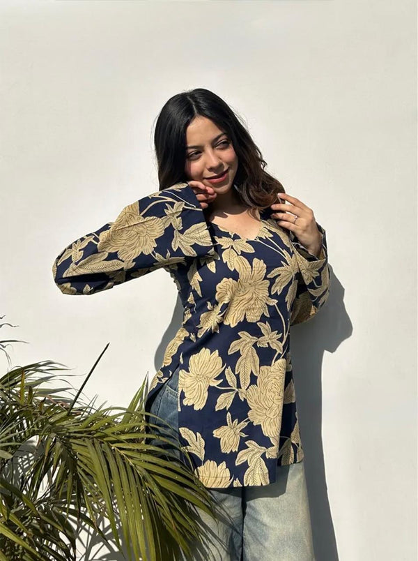 Women's Navy Beige Botanical Print Square-Neck Short Kurti