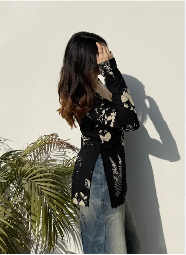 Women's Black Botanical Print Square-Neck Short Kurti