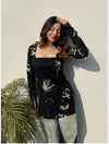 Women's Black Botanical Print Square-Neck Short Kurti