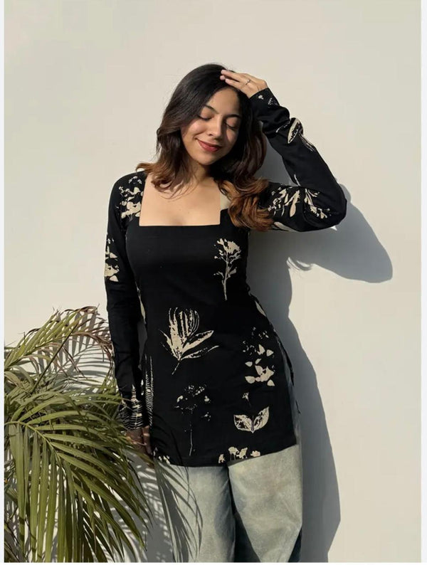 Women's Black Botanical Print Square-Neck Short Kurti