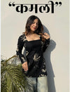 Women's Black Botanical Print Square-Neck Short Kurti