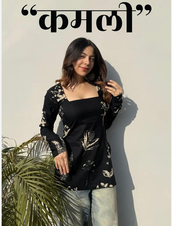 Women's Black Botanical Print Square-Neck Short Kurti