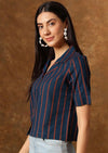 Women's Navy Multicolour Stripe Print Cropped Shirt