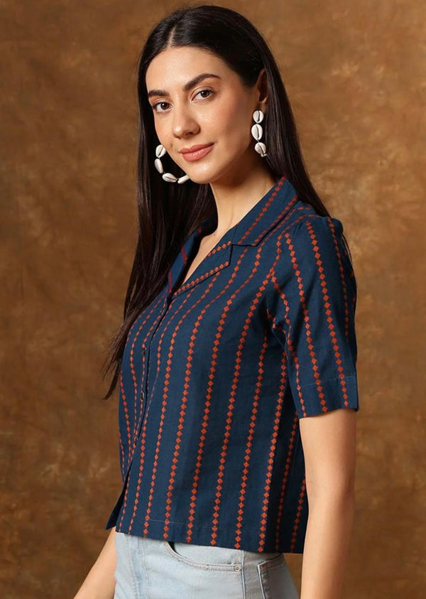 Women's Navy Multicolour Stripe Print Cropped Shirt