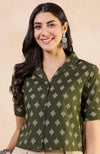 Women's Olive Abstract Motif Print Cropped Shirt