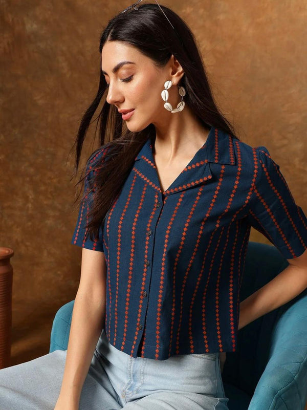 Women's Navy Multicolour Stripe Print Cropped Shirt