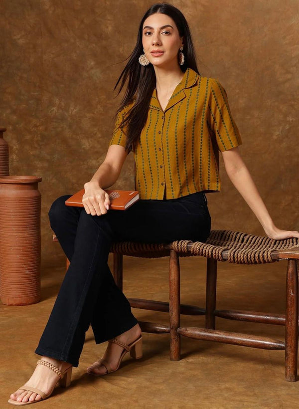 Women's Mustard Stripe Print Cropped Shirt