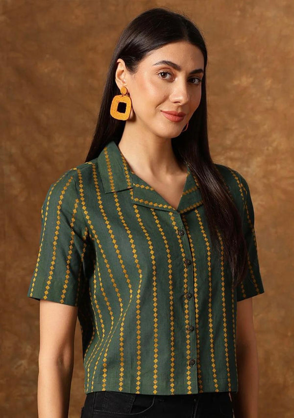 Women's Green Yellow Stripe Print Cropped Shirt