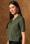 Women's Green Yellow Stripe Print Cropped Shirt