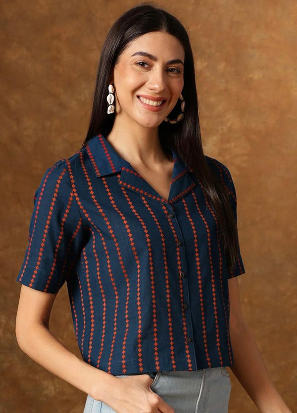 Women's Navy Multicolour Stripe Print Cropped Shirt