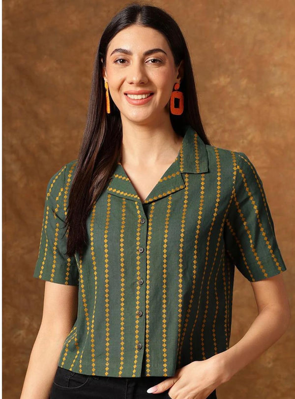 Women's Green Yellow Stripe Print Cropped Shirt