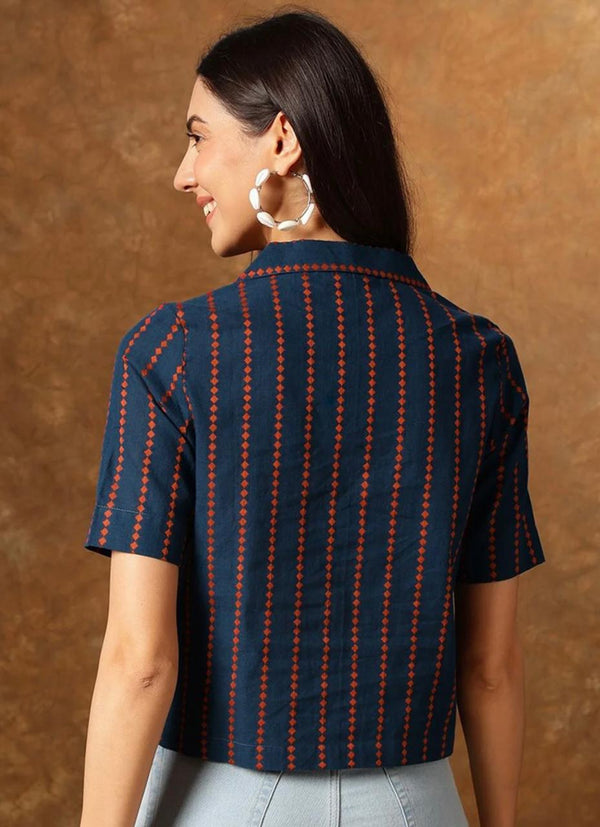 Women's Navy Multicolour Stripe Print Cropped Shirt
