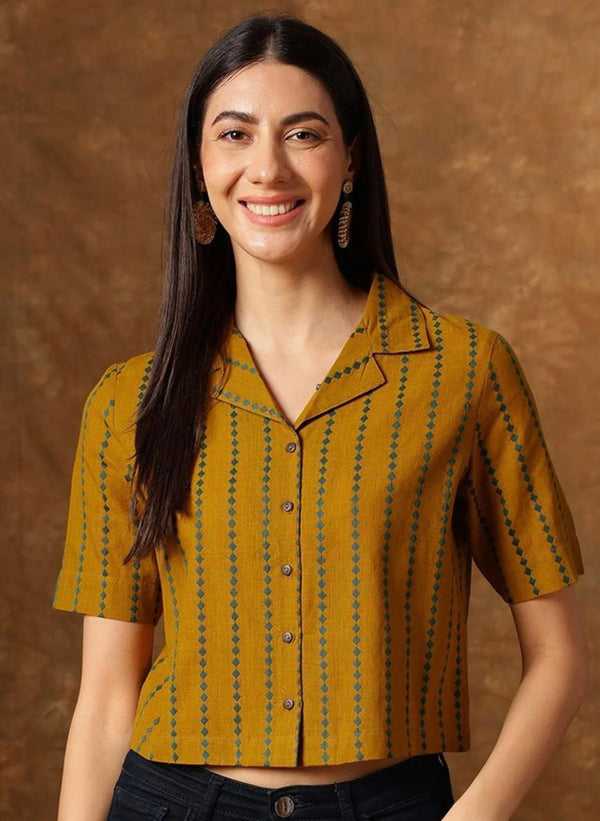 Women's Mustard Stripe Print Cropped Shirt
