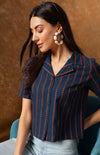 Women's Navy Multicolour Stripe Print Cropped Shirt