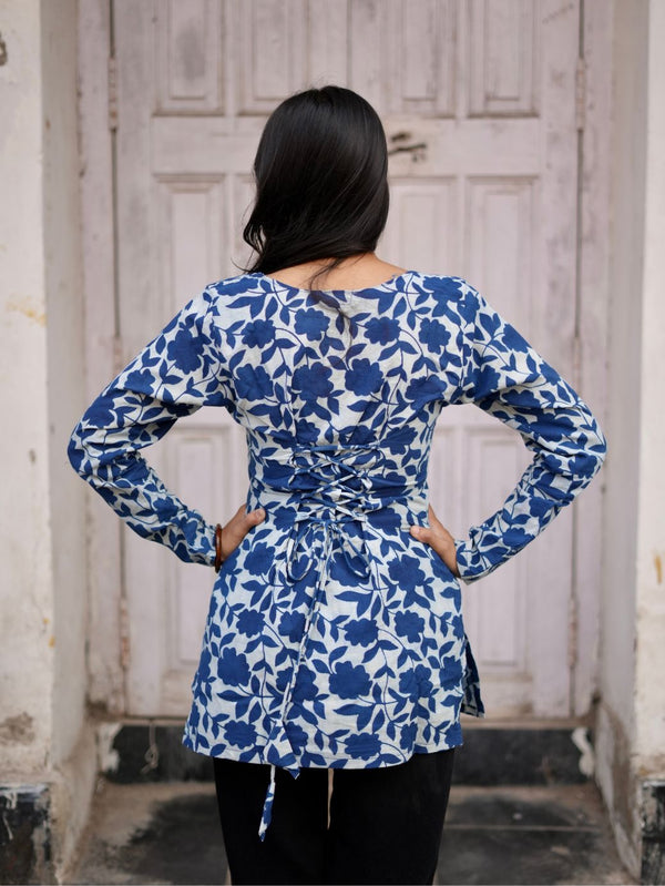 Aarya Blue Bloom Square Neck Cotton Kurti
