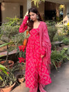 Pink Bandhej Cotton Anarkali 3 Piece Suit Set with Dupatta