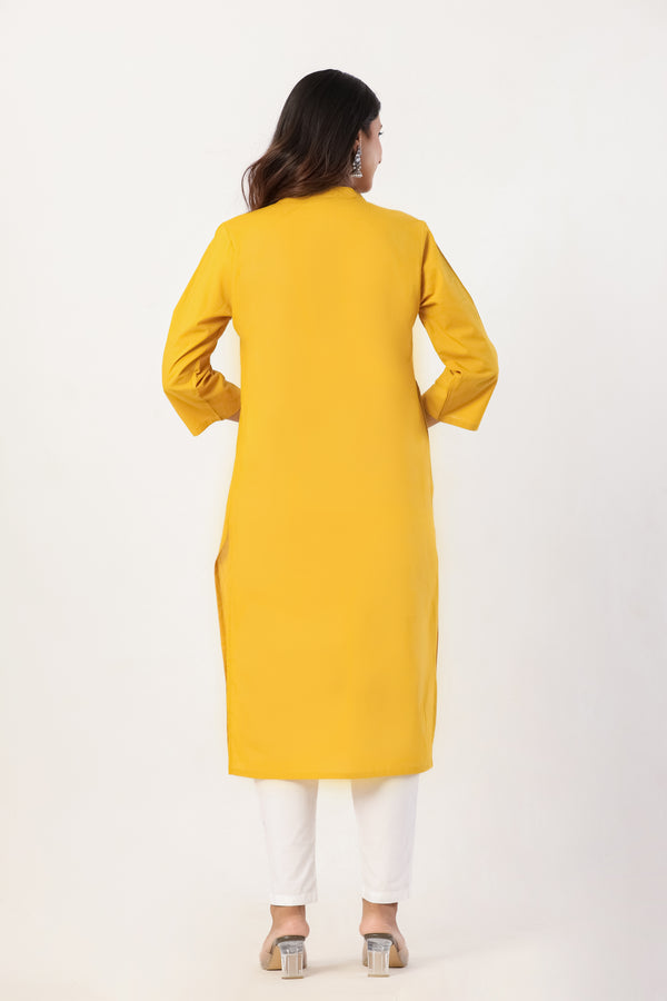 Women's Yellow Solid Straight Long Kurti