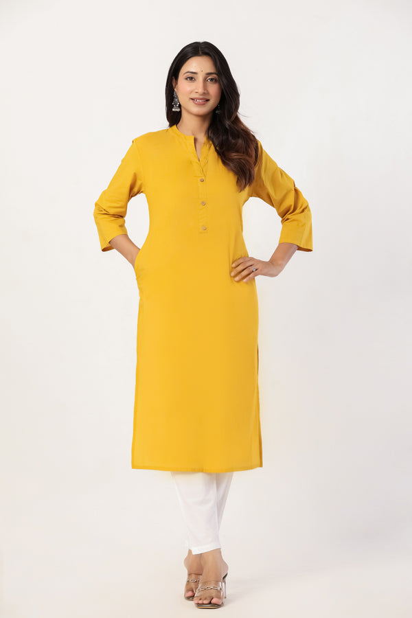Women's Yellow Solid Straight Long Kurti