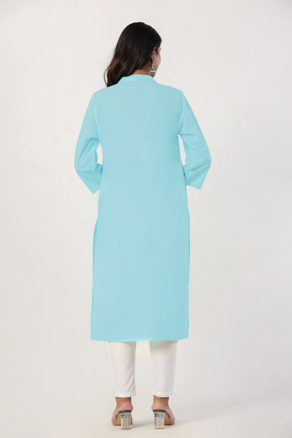 Women's Sky Blue Solid Straight Long Kurti