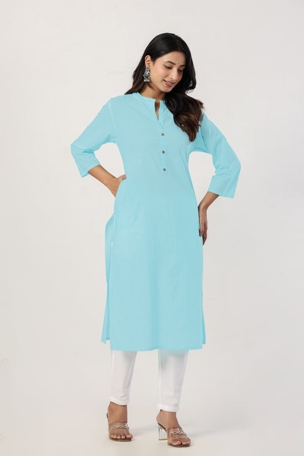 Women's Sky Blue Solid Straight Long Kurti