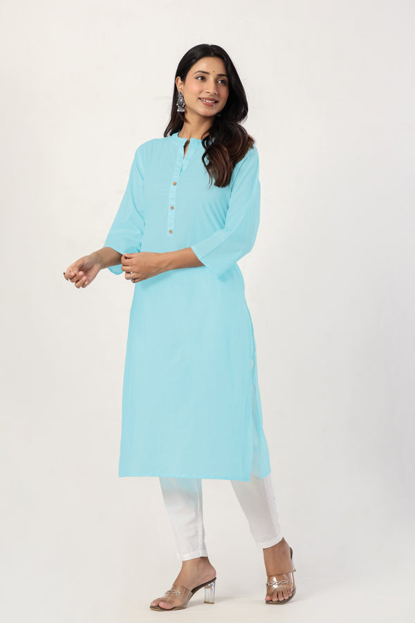 Women's Sky Blue Solid Straight Long Kurti