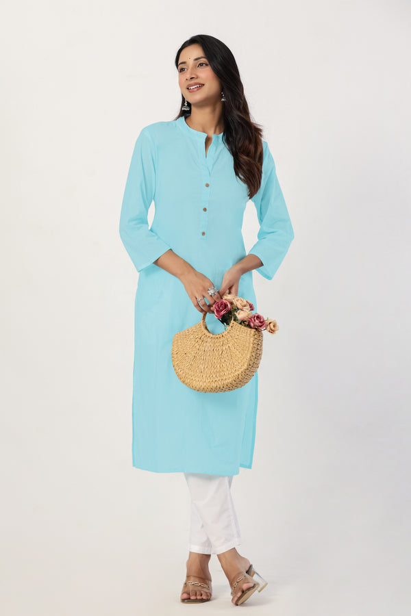 Women's Sky Blue Solid Straight Long Kurti