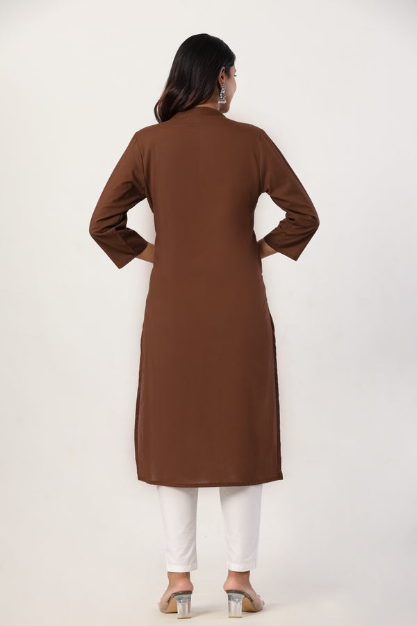 Women's Brown Solid Straight Long Kurti